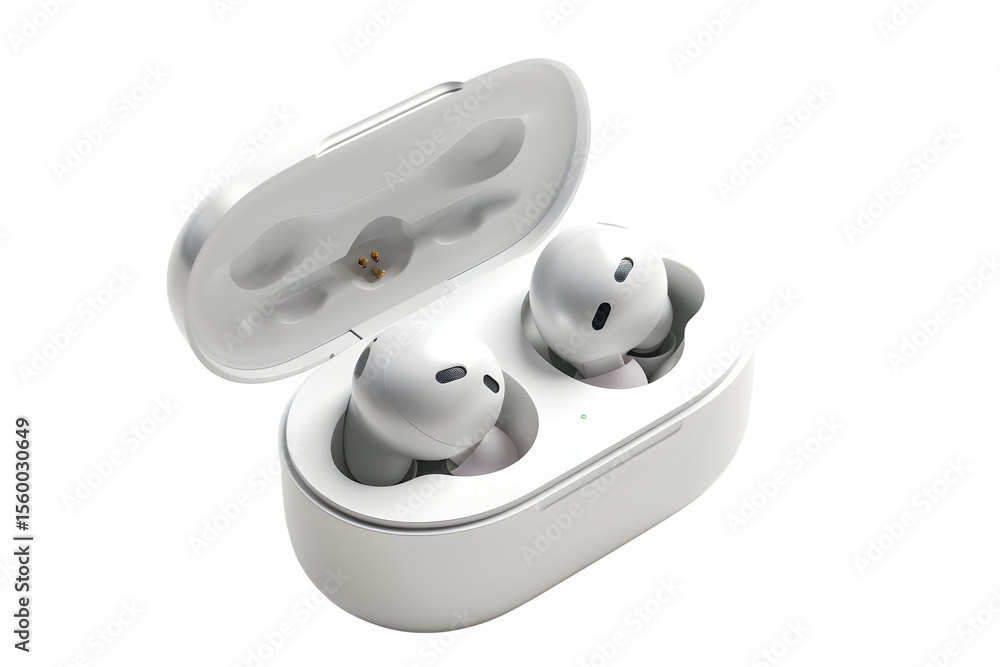 Poster pair of true wireless earbuds inside open charging case overhead shot and smooth reflective surface 