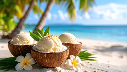 Coconut bowls filled with creamy vanilla ice cream, accompanied by tropical leaves and white flowers, on a sandy beach backdrop