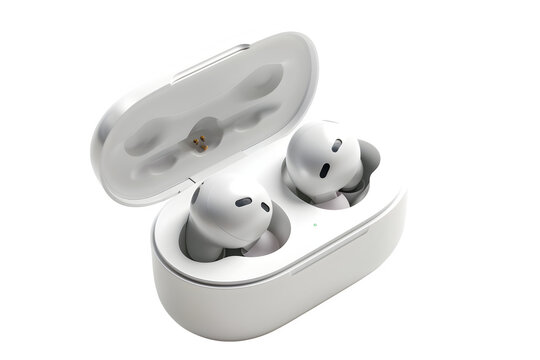 Pair of true wireless earbuds inside open charging case Overhead shot and smooth reflective surface and bright background. Suitable for editorial features and digital banners.