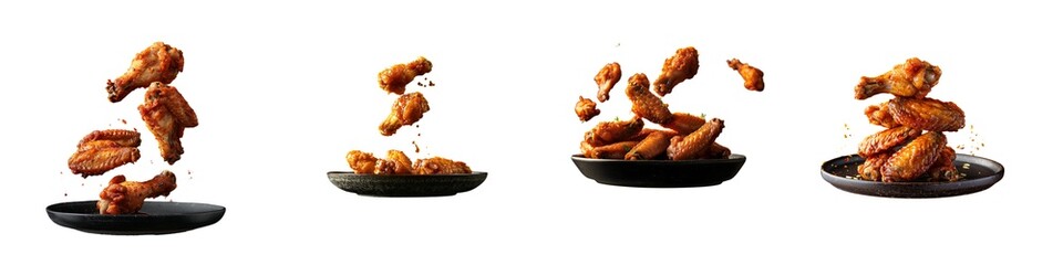 Set of spicy chicken wings in motion isolated on white background