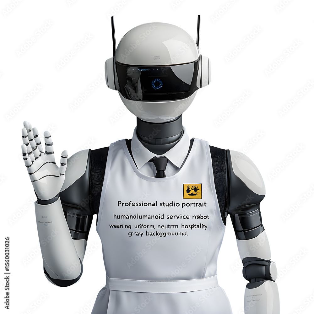 Poster professional studio portrait of humanoid service robot wearing hospitality uniform transparent backg