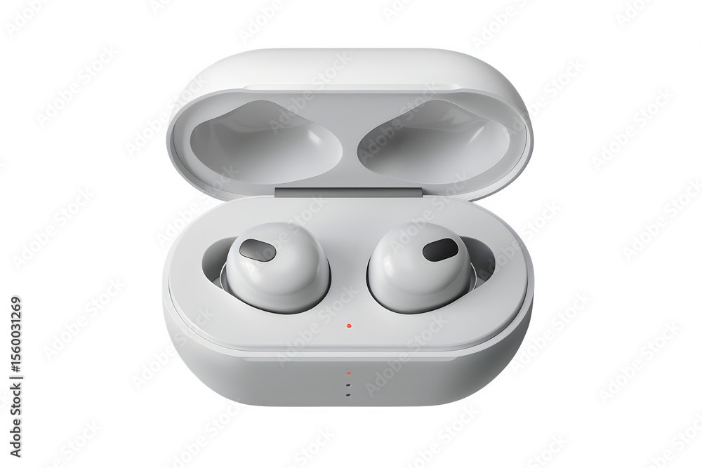 Poster pair of true wireless earbuds inside open charging case textured surface detail and symmetrical layo