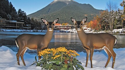 Two beautiful deer stand in a snowy landscape with a mountain backdrop creating a serene winter