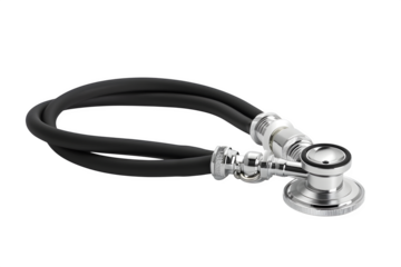 Silver stethoscope with black rubber tubing High detail surface and symmetrical layout and soft studio lighting. Ideal for print and web promotions and social media posts. High resolution and print r