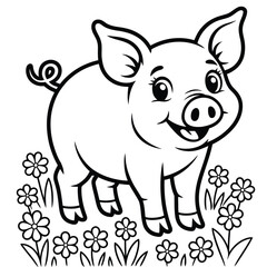 A cheerful pig in a field of clover and daisies