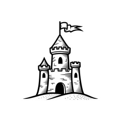 Sandcastle with a flag on top in black and white line art style