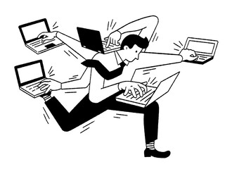 Cute vector illustration of office worker with many hands working with many computers laptop in concept of multitasking job. Outline, thin line art, linear, hand drawn sketch design, black and white, 