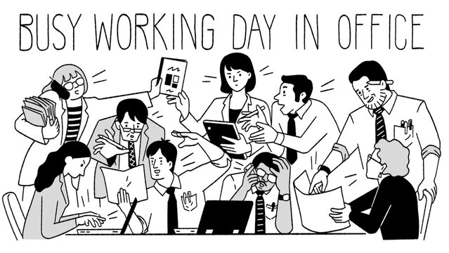 Very busy working of office workers or teamwork in day. Cute character illustration, outline, linear, thin line art, hand drawn sketch design, simple style