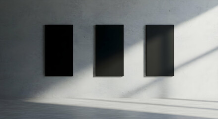 Three black vertical panels mockup modern minimalist interior design wall art presentation template