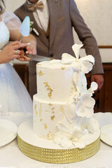 Beautiful wedding cake being cut by the bride and groom. Wedding celebration traditions.