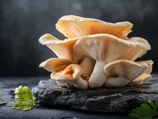 Fresh oyster mushrooms resting on a dark stone slab with cilantro leaves on the side in a kitchen setting
