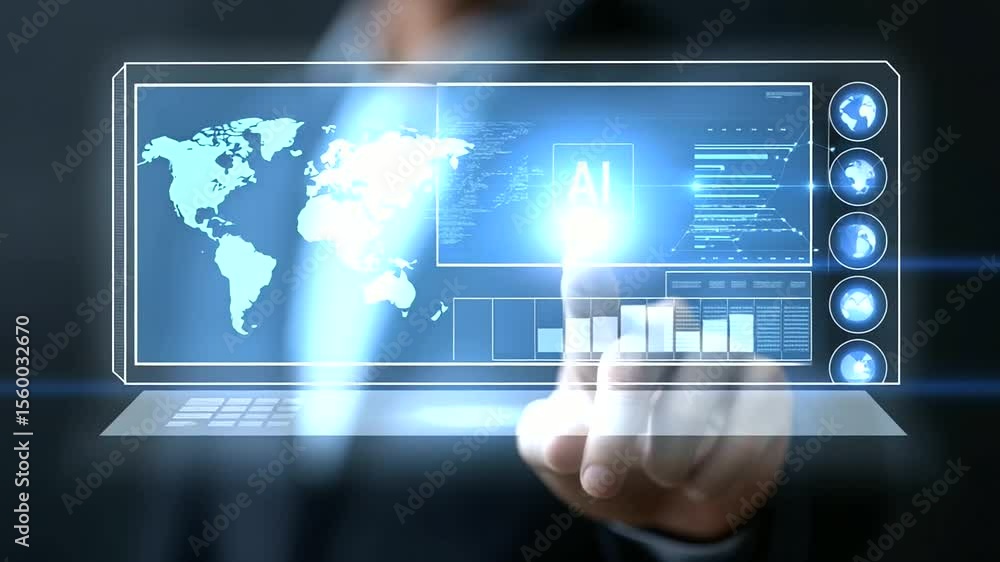 Poster professional analyzing ai-driven data insights on a digital dashboard.