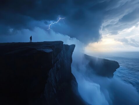 Dramatic lightning storm over cliff with lone figure standing against turbulent ocean waves at dusk