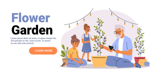 Flower garden family gardening together outdoor plants potted trees string lights elderly man children teamwork flat design landing page
