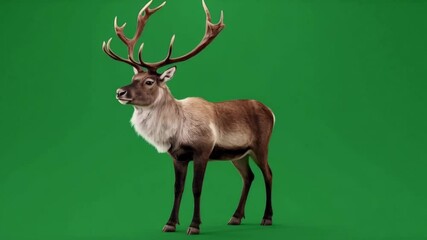Full body shot of a reindeer with large antlers standing on a green screen background in a studio green screen animal video - Powered by Adobe
