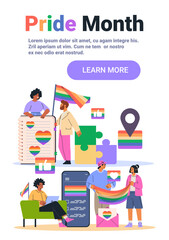 Pride month celebration LGBTQ community people rainbow flags hearts digital social media icons diverse group puzzle background landing page