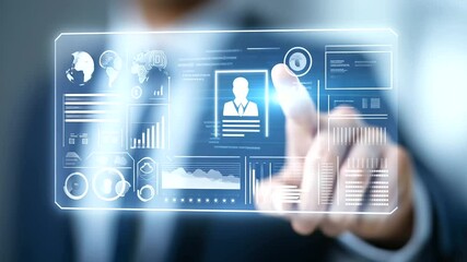 Professional analyzing digital resumes for virtual hiring process.