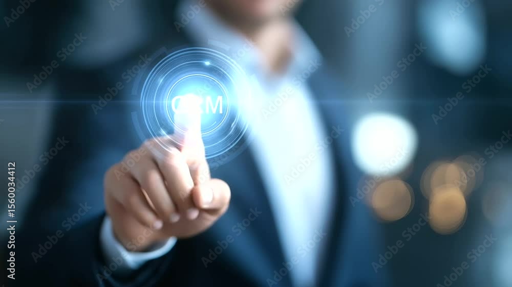 Poster professional analyzing crm data through an advanced digital interface.