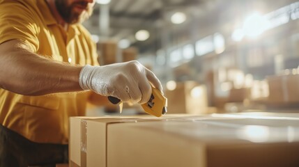 Warehouse worker carefully cutting packaging tape on cardboard boxes during a busy afternoon shift