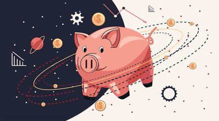 Piggy bank economic crisis recession concept piggy bank floating in space surrounded by falling coins declining graphs gears abstract background