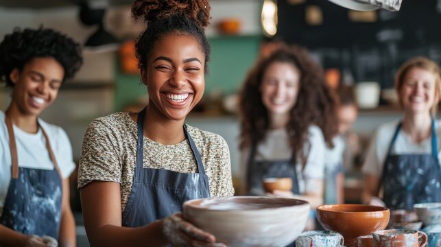 Diverse women creating pottery