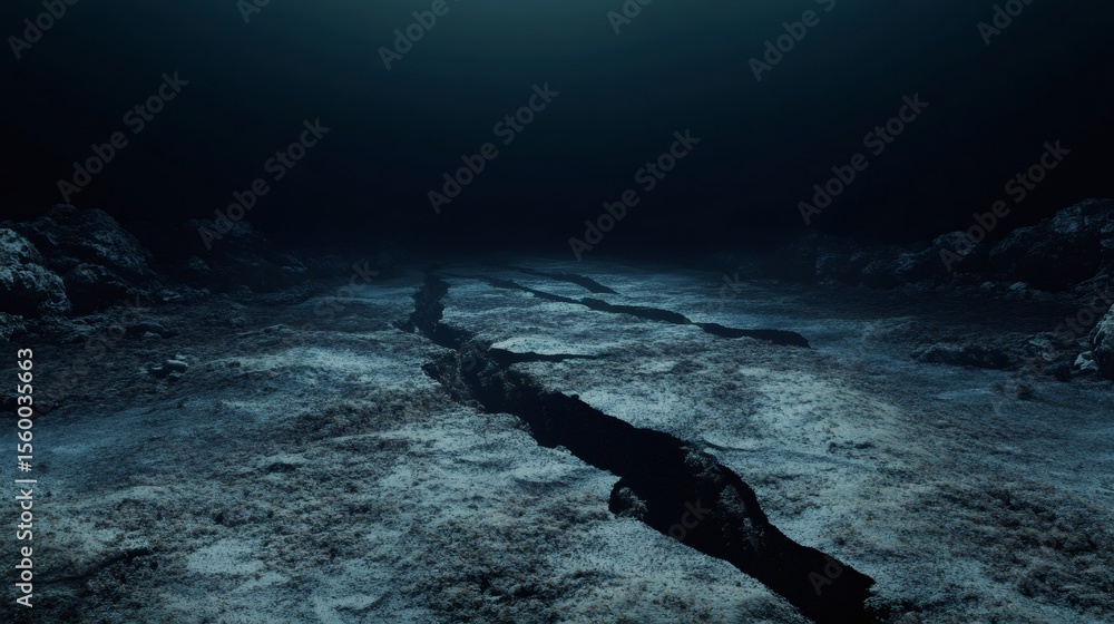 Poster seismic waves generating a deep crack on the ocean floor, triggering an underwater earthquake in a d