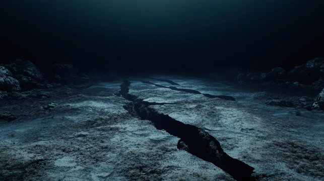 Seismic waves generating a deep crack on the ocean floor, triggering an underwater earthquake in a dark and mysterious abyss, revealing the raw power of nature's forces - Powered by Adobe