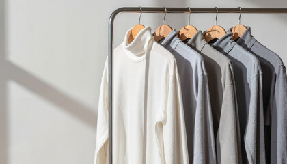 Fototapeta premium Stylish turtlenecks hanging on a rail with natural light background 