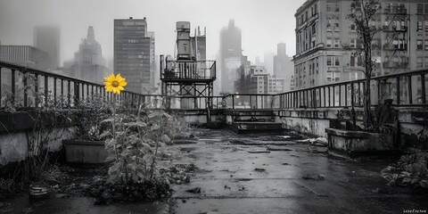A solitary sunflower amidst an urban rooftop landscape during a gray and foggy day