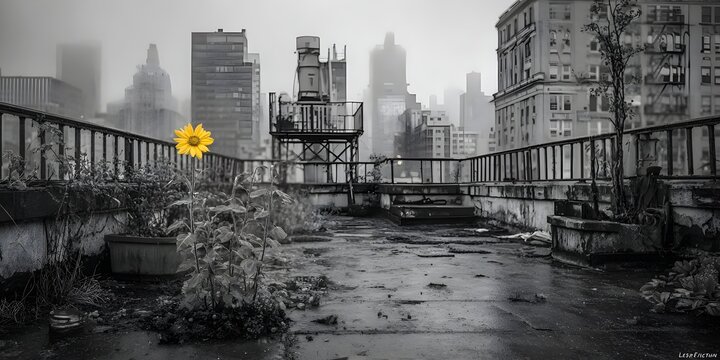 A solitary sunflower amidst an urban rooftop landscape during a gray and foggy day