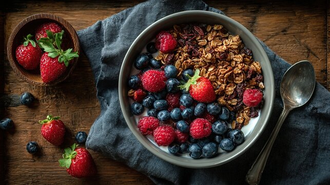 Bowl of granola with blueberries, raspberries, strawberries on wooden desk, with cloth and spoon, presenting healthy eating scene