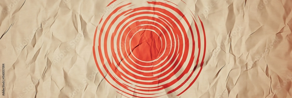 Poster Red concentric circles radiating from the center of a crumpled paper background represent the epicenter of an earthquake and its seismic waves, creating a visual metaphor for geological activity