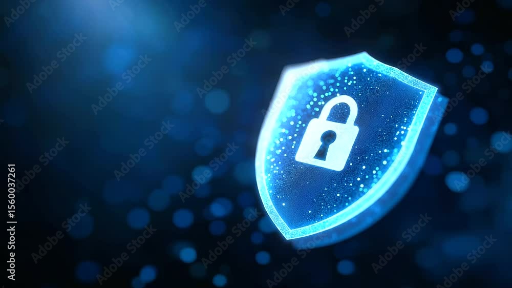 Poster digital shield and lock icon symbolizing robust cybersecurity protection.