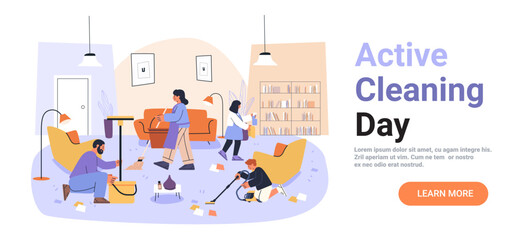 Family cleaning house teamwork household chores people vacuuming mopping spraying tidy living room modern furniture cozy interior pastel colors website banner