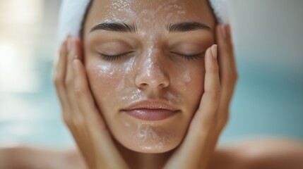 Young woman enjoying a serene facial treatment in a spa setting with soothing ambiance