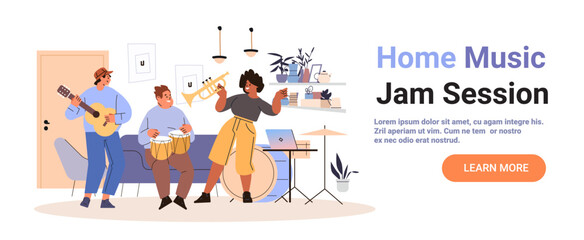 Home music jam session friends playing instruments together in cozy living room with plants shelves sofa laptop drums modern interior