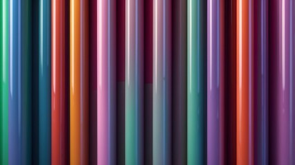 Obraz premium A vibrant abstract background of shiny, multicolored vertical pipes in a seamless row, creating a dynamic striped pattern.