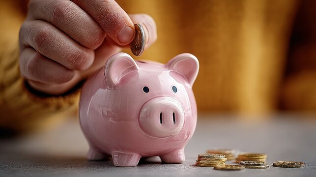 Hand putting coin into pink piggy bank with scattered coins around, conveying saving and financial management concept