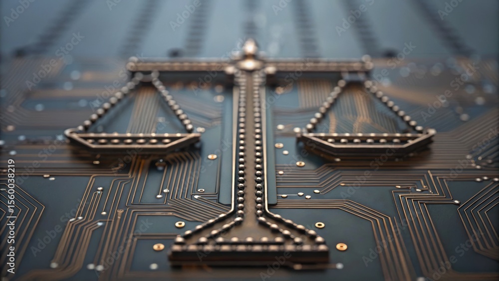 Poster a balance scale is depicted on a circuit board, symbolizing the intersection of law and technology.