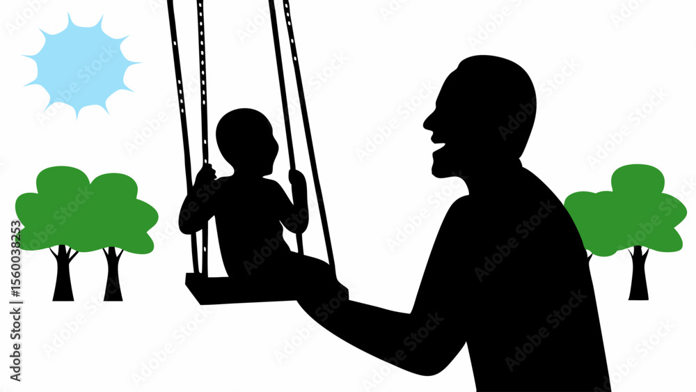 Poster silhouette of a father pushing child on swing with trees and sun in the background on a white backdr