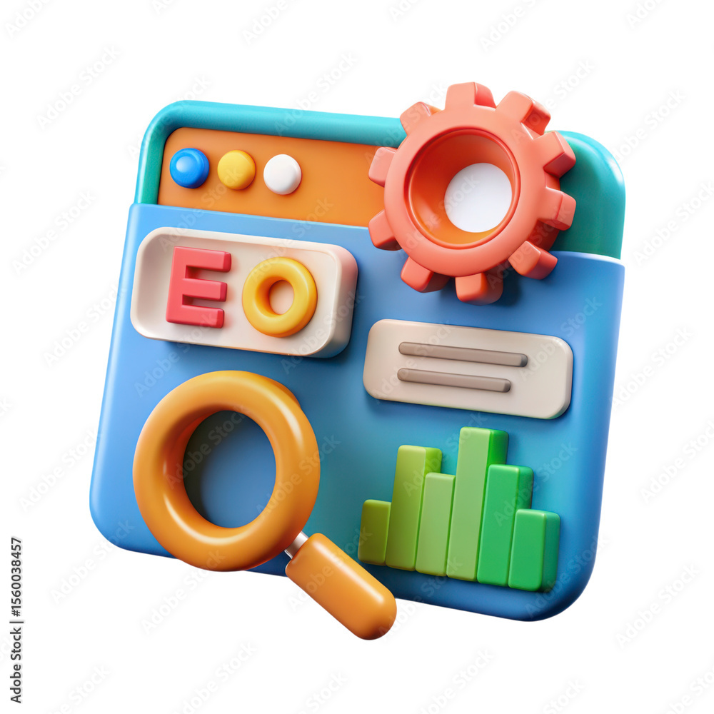 Poster high quality 3d rendering icon seo optimization website analytics with gear magnifying glass and cha