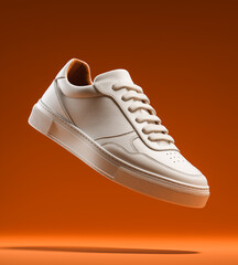A white leather sneaker  against an orange background, centered in frame. A detailed close-up highlights stitching, sole, and texture—luxury fashion photography at its finest.