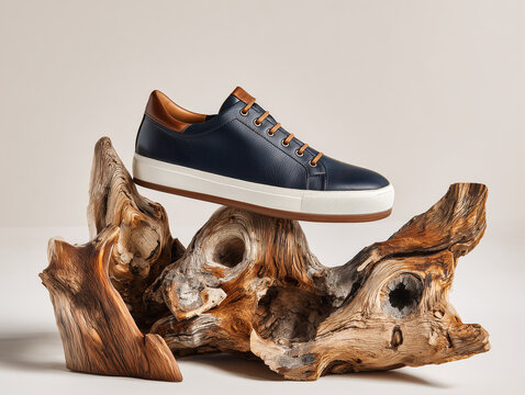 A navy leather sneaker with white sole and brown accents sits atop an abstract wooden structure against a neutral background. High-resolution product photography.