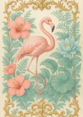 Naklejka premium Elegant flamingo amidst floral design.