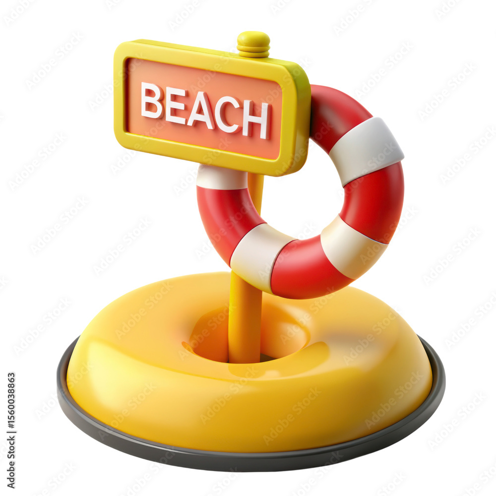 Poster high quality 3d rendering icon featuring beach sign and a life preserver ring displayed on a yellow 