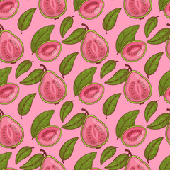 Seamless Pattern Guava Fruit on Pink Background with leaves. Vector illustration