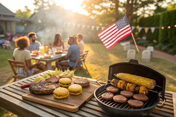 Patriotic backyard barbecue with friends celebrating a summer holiday. Grilling burgers and corn in a sunny garden setting for the 4th of July. generative ai