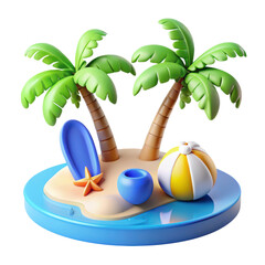 Tropical island getaway high quality 3d rendering icon featuring palm trees beach ball surfboard and starfish for vacation mood land transportation isolated on white background
