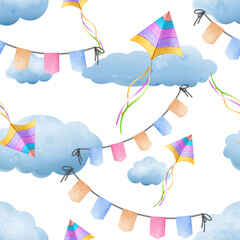 Cute seamless pattern with colorful kites  and garlands with flags