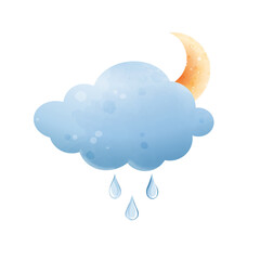 Vector clouds with raindrops and crescent. Watercolor set, isolated on white